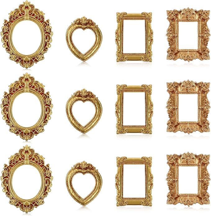 Miniature Dollhouse Mirror & Picture Frames Set 12 PCS Vintage Gold Resin Mini by Unknown