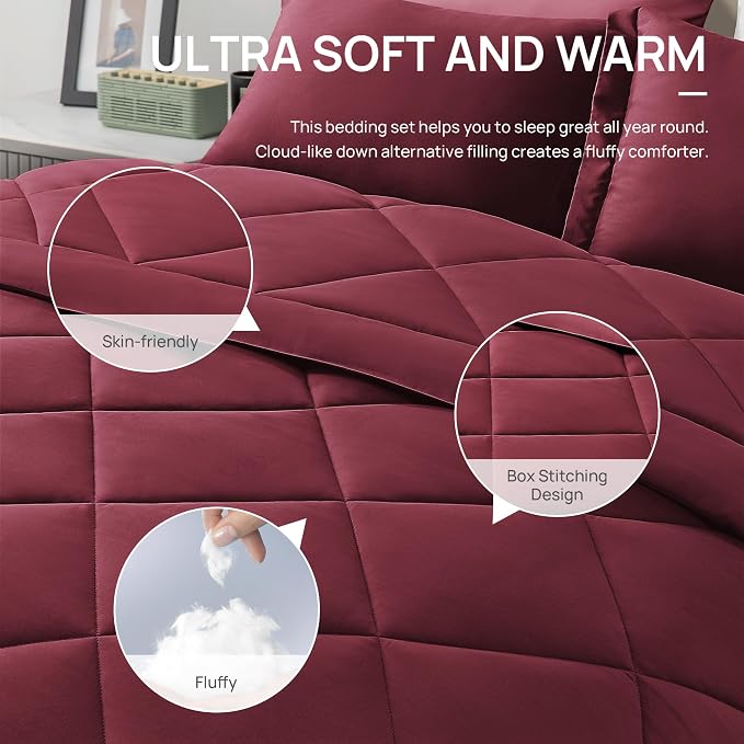 Love's cabin Twin Comforter Set Burgundy, 5 Pieces Twin Bed in a Bag, All - Image 4