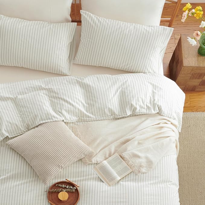Nayoroom Striped Duvet Cover King Size 100% Washed Cotton White Brown Stripe - Image 4