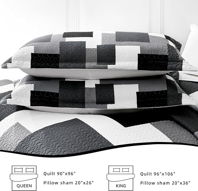 Tyrot 2 Piece Black Grey Quilt Set Twin Size Black White Gray Geometric - Image 7