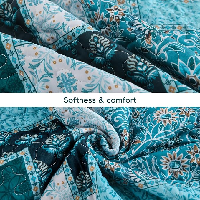 Xruibed Teal Quilt Set King Size 3 Pieces Plaid Floral Boho Bedspread Coverlet - Image 8