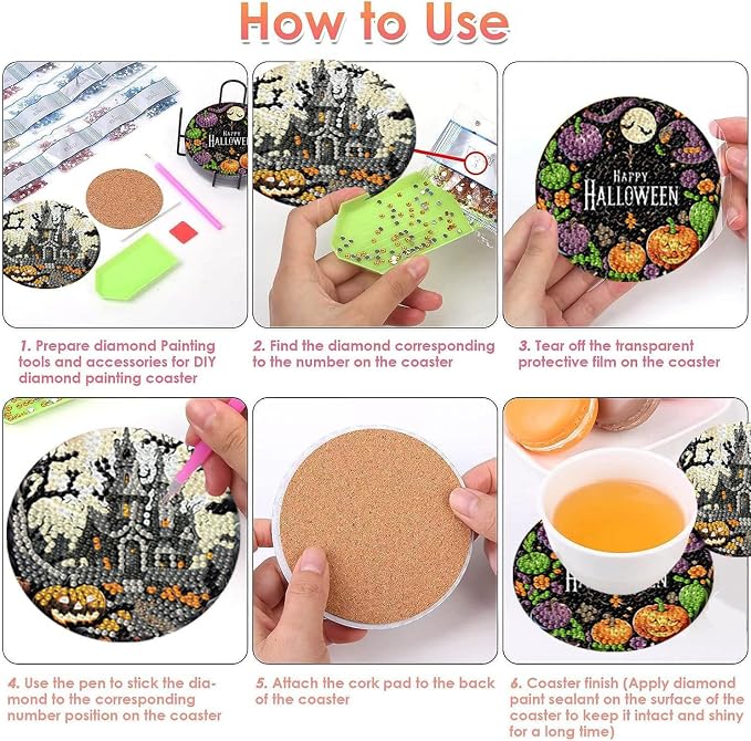8 PCS Halloween Diamond Art Coasters Kits Diamond Painting Coaster | Diamond - Image 3