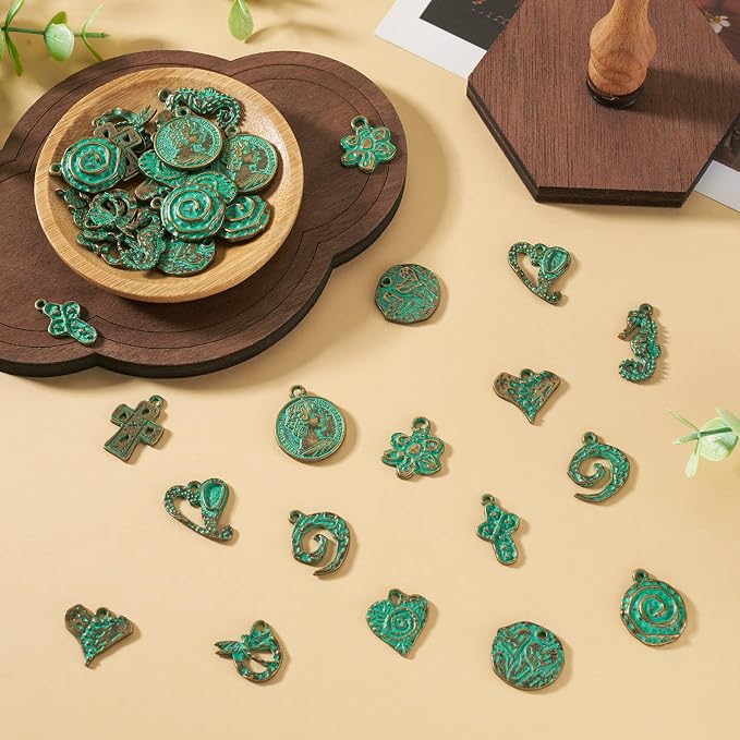 52Pcs Antique Turquoise Green Charms 13 Tibetan Style Alloy Vintage Pendants - Image 6
