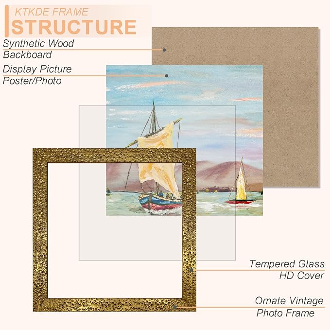 KTKDE 5x5 Picture Frame Set of 4, Ornate Vintage Gold Photo Frames - Image 2