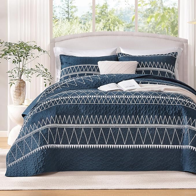 Andency Navy Quilts Queen Size, 3 Pieces Queen Quilt Bedding Set Boho by Andency