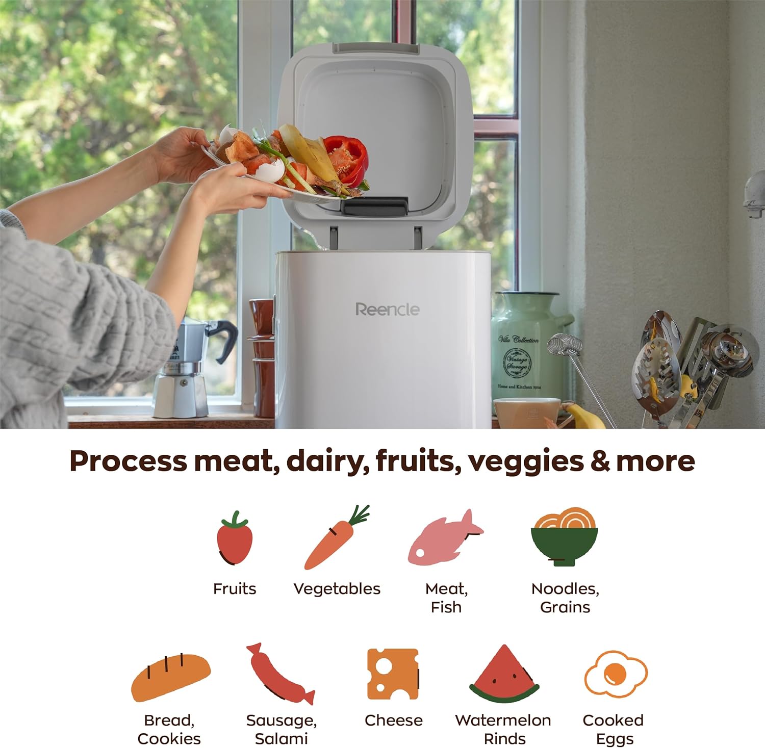 Reencle Prime Electric Composter - 14L Kitchen Composter, Decomposes Up to 2.2 lbs Food Waste Daily, Odorless Indoor Composting with Whisper-Quiet Technology & Rapid Decomposition (White)