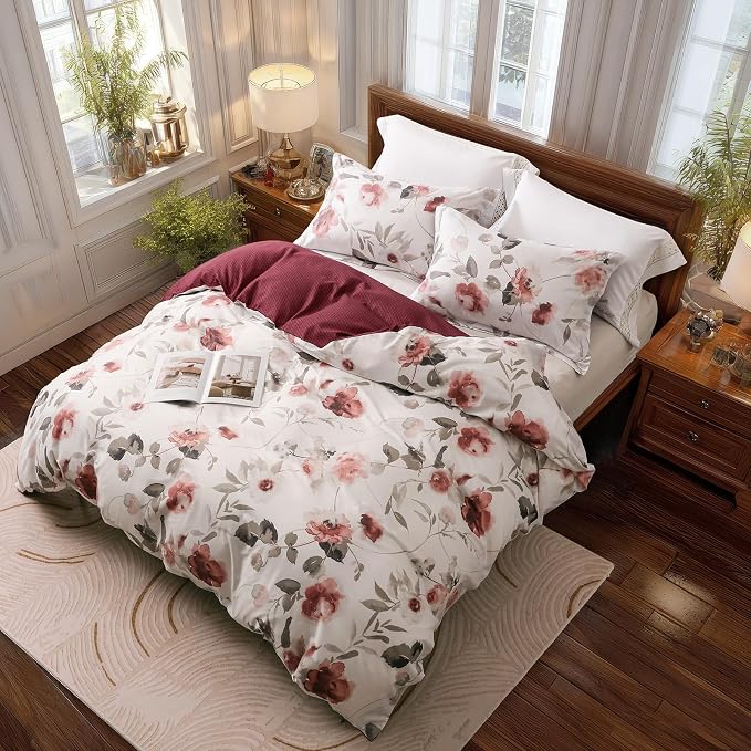 OAITE Duvet Cover Twin Size, Reversible Blooming Flowers White Duvet Cover Set - Image 3