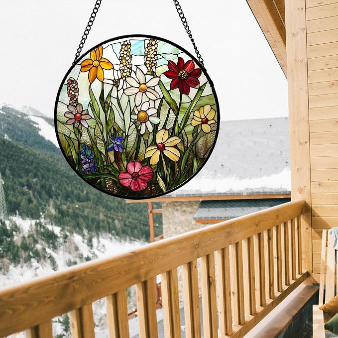 DASTOLL Stained Glass Window Hanging, Colorful Wildflowers Plant Scenery - Image 3