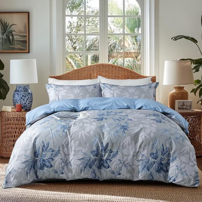 OAITE Duvet Cover Queen Size, Reversible Flower Blue Duvet Cover Set by OAITE