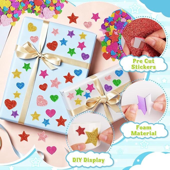 987 Pcs Glitter Foam Stickers, Heart & Star Shapes Stickers, 7 Sheets Colorful - Image 3