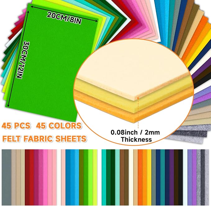 45 PCS Felt Fabric Sheets 8 x 12 Inch 2mm Craft Felt Sheets | 45 Assorted Colors - Image 2