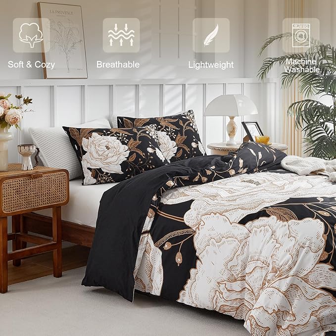 mixinni Black Floral Duvet Cover Twin XL Size, 3 Pieces Garden Style Botanical - Image 2