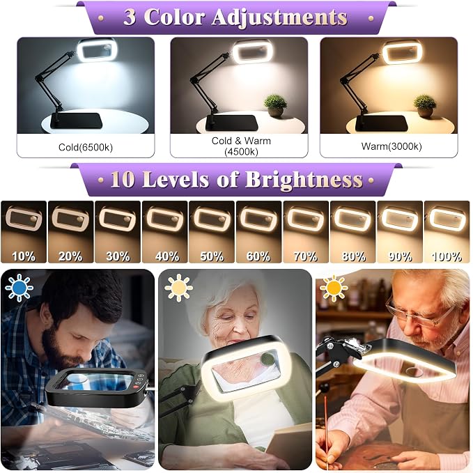 10X 30X Magnifying Glass with Light and Stand, Large Desk Lamp Magnifiers | - Image 5