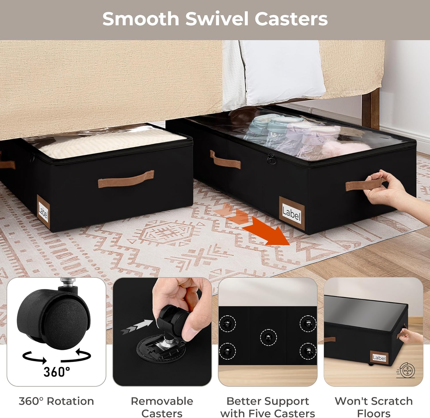 StorageWorks Under Bed Storage with Wheels, 10'' Underbed Storage Containers with Lid, 90L Clothes Organizer for Blankets, Sweaters, Bedding, 2-Pack, Black