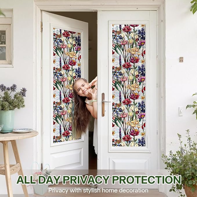 Stained Glass Window Film UV Resistant Window Privacy Film, Colorful Flowers - Image 2