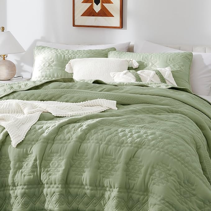 WDCOZY Boho Sage Green Quilt King Size Bedding Sets - Image 3