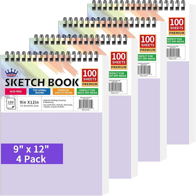 WINNER 9" x 12" Sketch Book 4 Pack, 400 Sheets Spiral Bound Art Sketchbook by WINNER