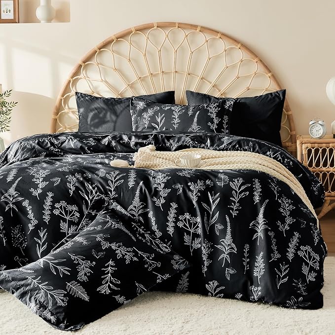 MUXHOMO Duvet Cover Queen Size, Reversible Floral Black Duvet Cover Set by MUXHOMO