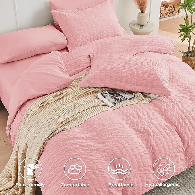 HYMOKEGE Rose Pink California King Comforter Set Seersucker 7 Pieces, All - Image 3