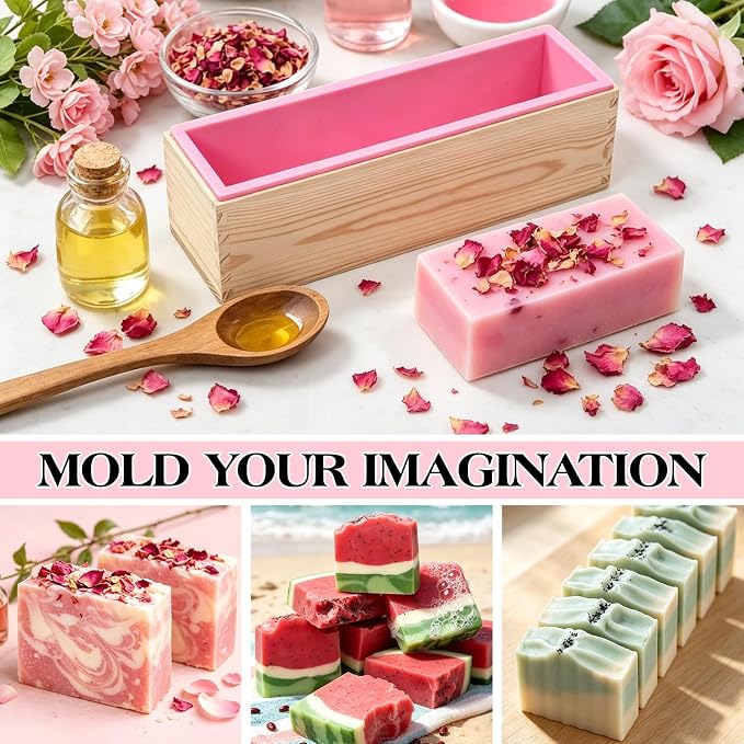 SJ 42 oz Soap Making Kit with Pink Silicone Loaf Mold, Wooden Box & Cutters | - Image 5