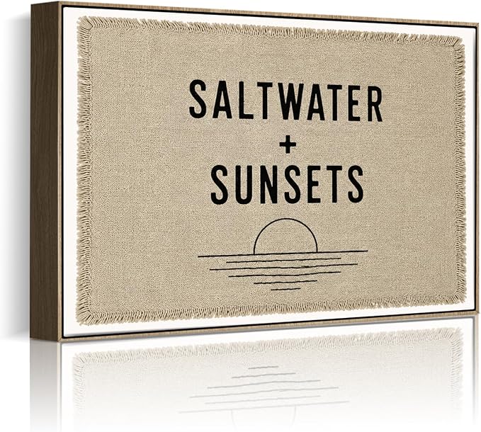 Framed Saltwater Sunsets Wall Art Coastal Beach Quote Minimalist Poster Print by HomeifHue