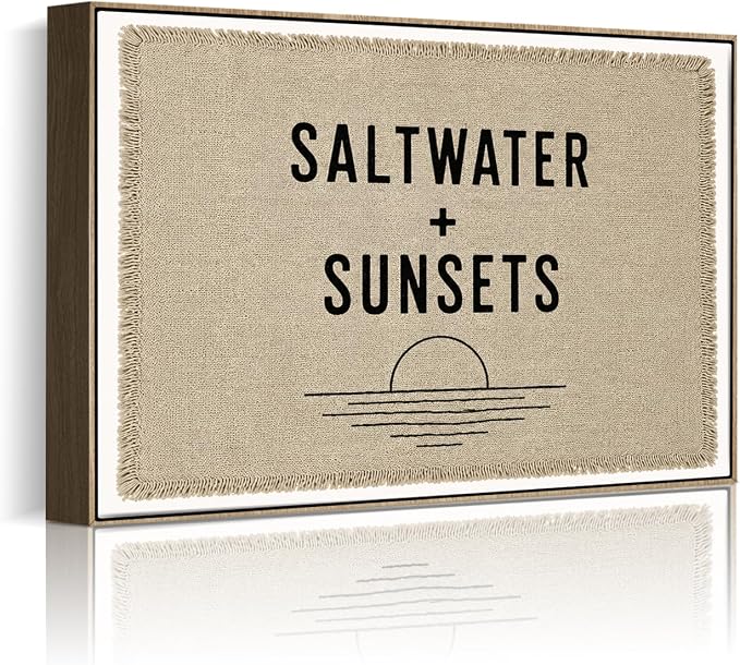 Framed Saltwater Sunsets Wall Art Coastal Beach Quote Minimalist Poster Print by HomeifHue