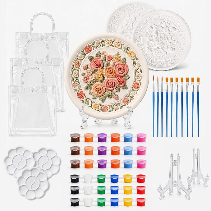 HuiBeans 3 Pcs DIY Floral Plaster Plate Painting Kit by HuiBeans