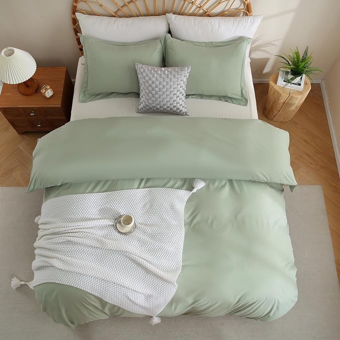 JSD Sage Green Duvet Cover Set Queen Size, 3 Piece Duvet Cover - Image 8