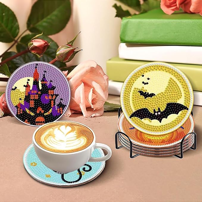 Clendo 8 PCS Halloween Diamond Art Coasters Kits, Cute Diamond Painting Coaster - Image 6
