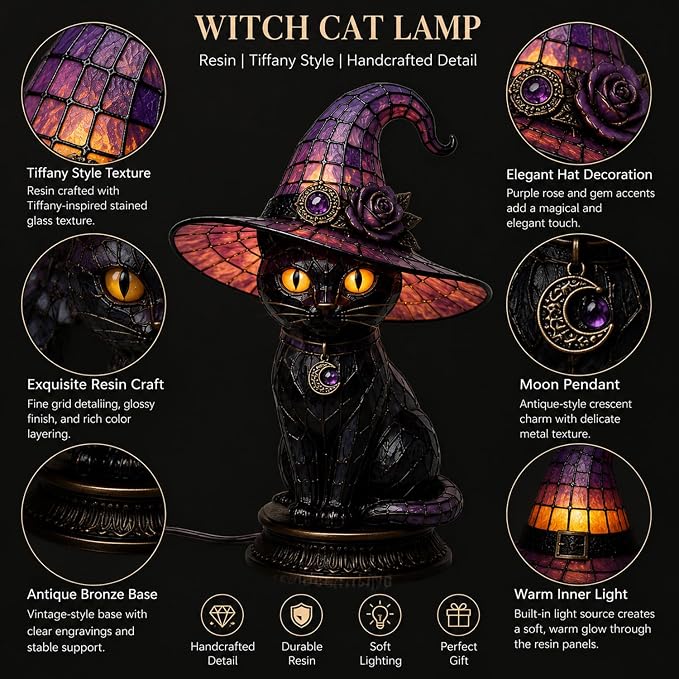 Resin Black Cat Witch Hat Table Lamp - Image 3