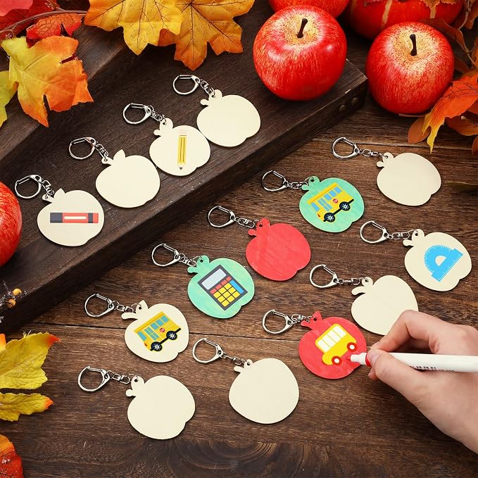RattanView 24 Pcs Apple Craft Color Your Own Keychains DIY Craft Wooden Blank - Image 4