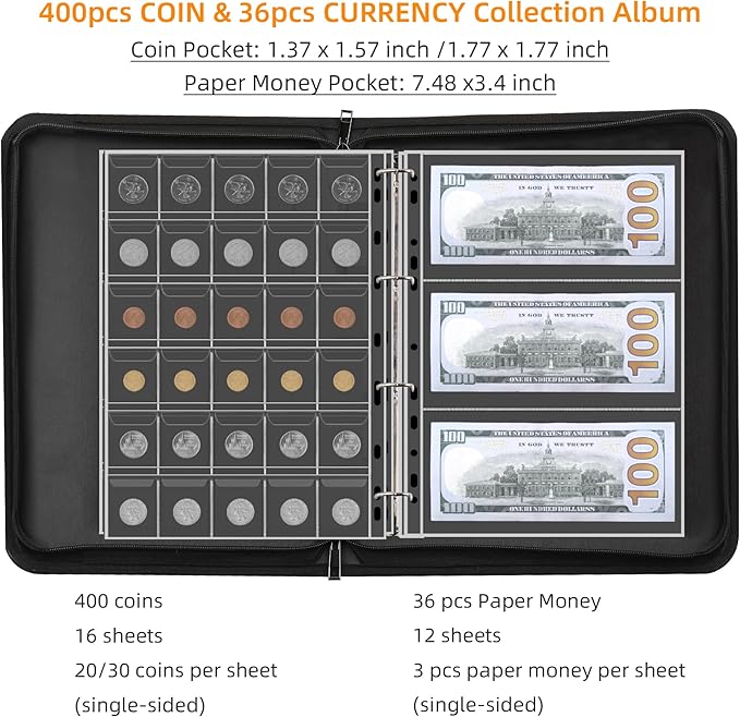 400-Pocket Fireproof Coin Collection Book & 36 Paper Money Organizer Binder | - Image 3