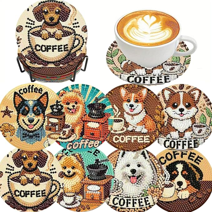Clendo 8 PCS Coffee Dog Diamond Art Coaster Kits by Clendo