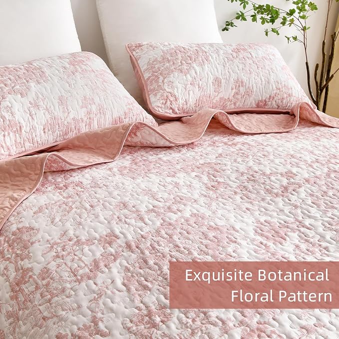 WONGS BEDDING Quilt Set Queen Size, 3 Pieces Pink Floral Plants Printed - Image 5