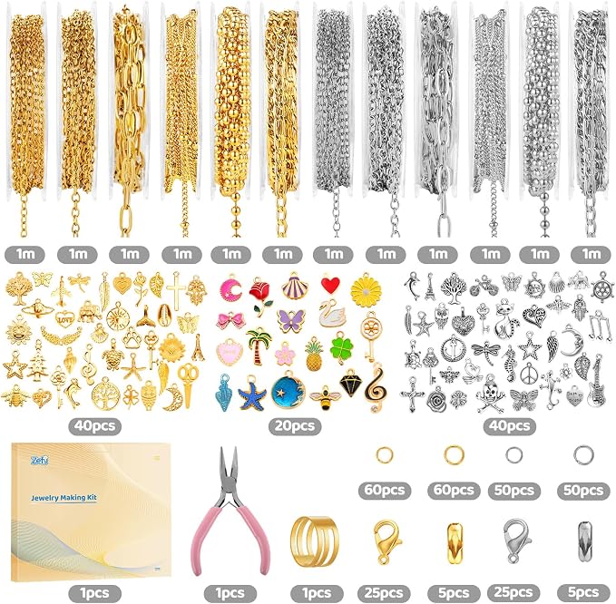 Zefy 18K Gold Silver Chain for Jewelry Making Kit, 39.6ft 12 Rolls Stainless - Image 5