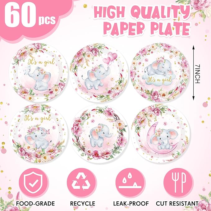 Funnymoom 7 Inch Pink Elephant Baby Shower Paper Plates 60 Pcs It's a Girl - Image 2