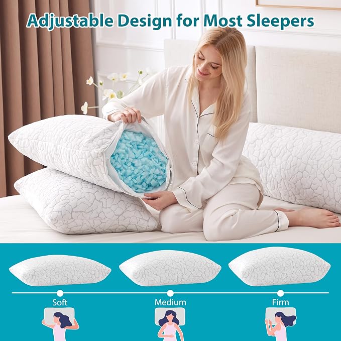 Cooling Pillows for Sleeping 2 Pack, Adjustable Shredded Memory Foam Pillows - Image 3