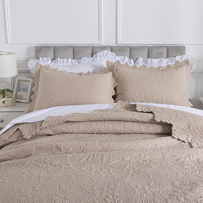 Brandream Khaki Cotton Quilt Set King Size Vintage Cottage Floral Vine Bedding - Image 4