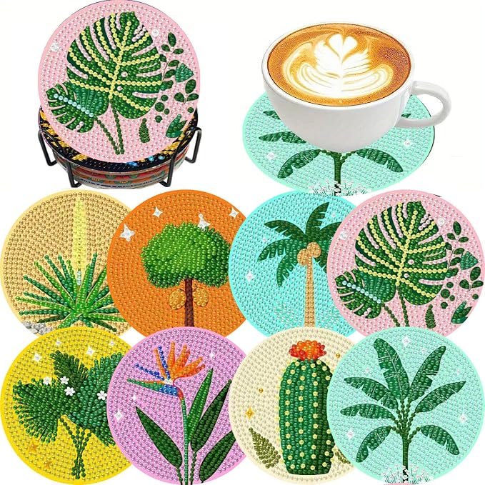 Clendo 8 Pcs Green Plants Diamond Painting Coasters Kits by Clendo