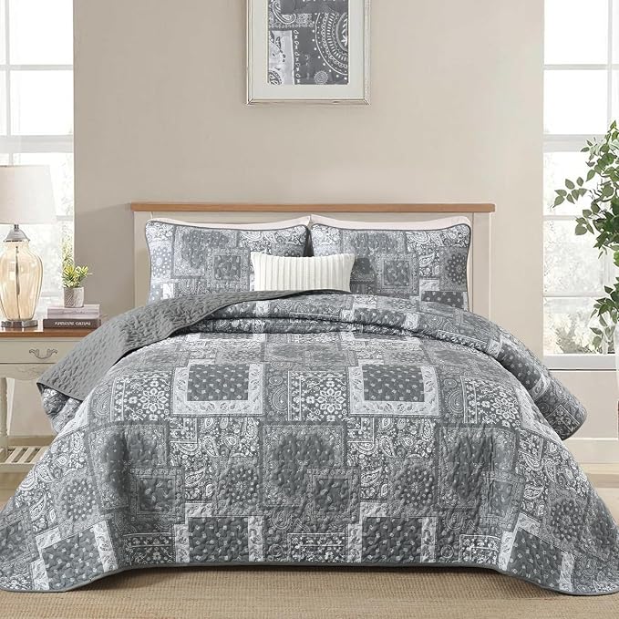 Cottolester Grey Quilt Set King Size, 3 Pieces Boho Patchwork Paisley Quilt Set by Cottolester