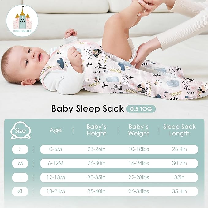 Cute Castle Baby Sleep Sack 18-24 Months - Lightweight 100% Cotton 2-Way Zipper TOG 0.5 Infant Wearable Blanket, Newborn Essentials Toddler Sleep Clothes, 3 Pack(Pink, Bear, Bear Claw)