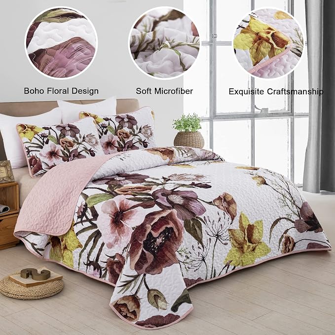 Drucon Floral Quilt Set Twin 2 Pieces Boho Blush Floral Quilt Coverlet Set Soft - Image 2