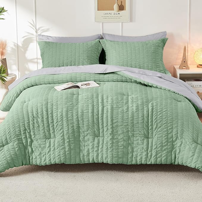 HYMOKEGE Sage Green/Light Grey Queen Comforter Set Seersucker 7 Pieces - Image 9