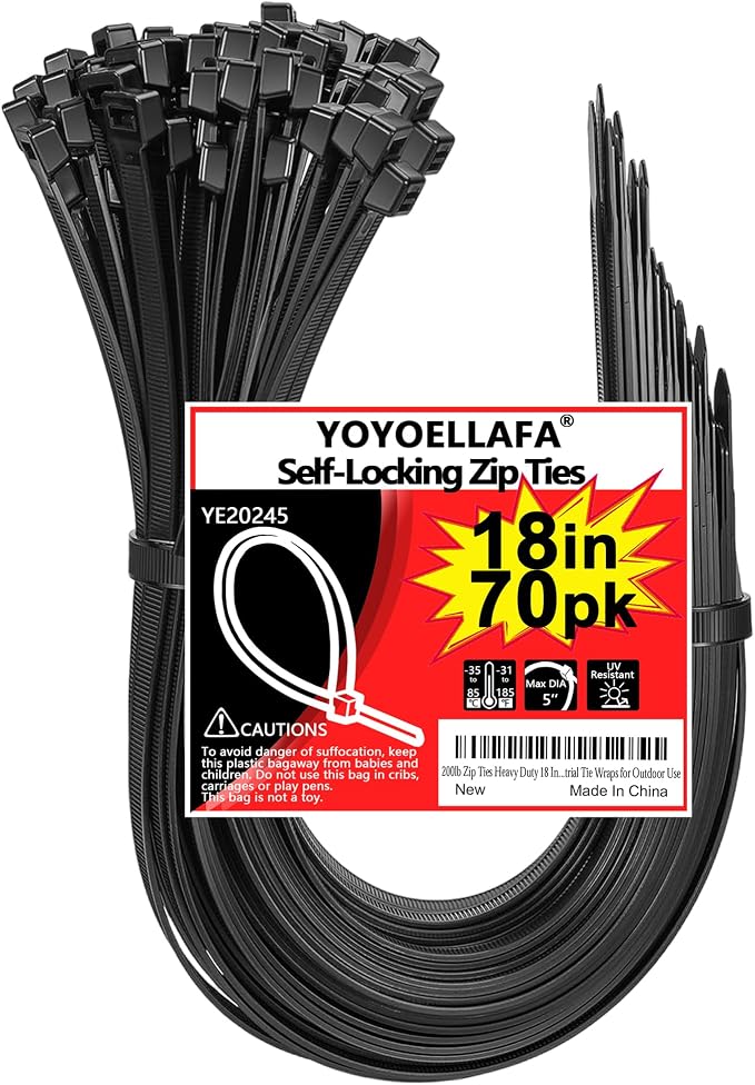 200lb Zip Ties Heavy Duty 18 Inch 70pcs, Large Black Cable Tie, Thick Heat by ProfessionalinZipTies