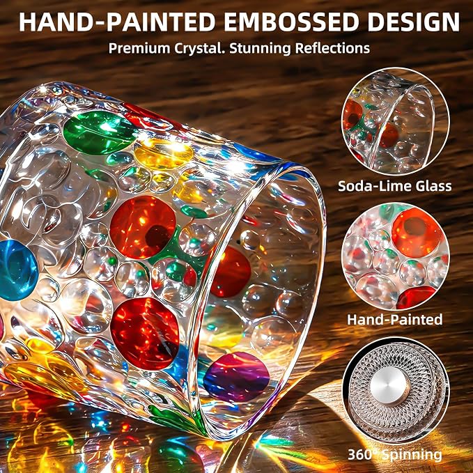 2PCS Spinning Whiskey Glass, 9.4oz | Hand-painted embossed, 360° rotating - Image 7