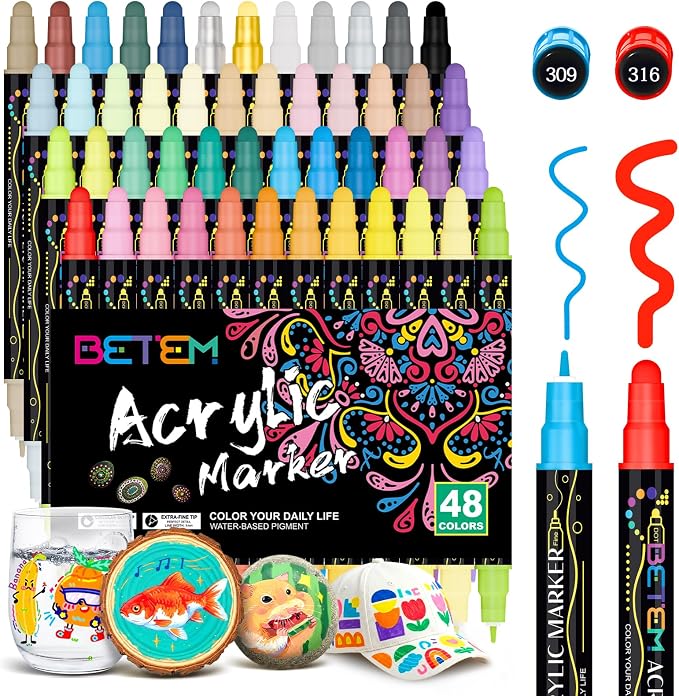 Betem 48 Colors Dual Tip Acrylic Paint Markers, Fabric Decorating Kits Premium by BetemArtWorld