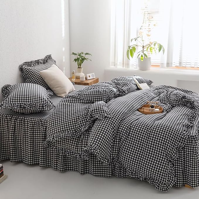 mixinni Black White Gingham Ruffle Duvet Cover Twin XL Size 3 Pieces – 100% - Image 3