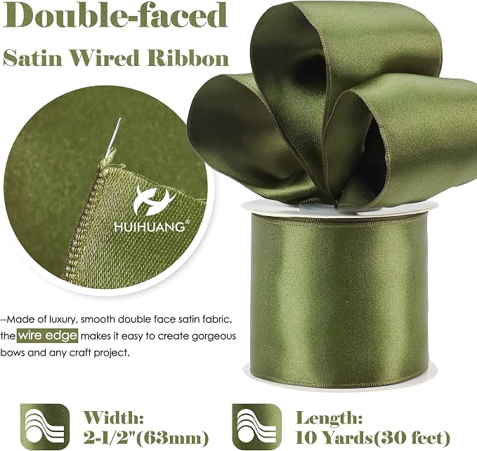 HUIHUANG Moss Green Satin Wired Ribbon 2.5 inch Moss Wire Edge Ribbon - Image 2