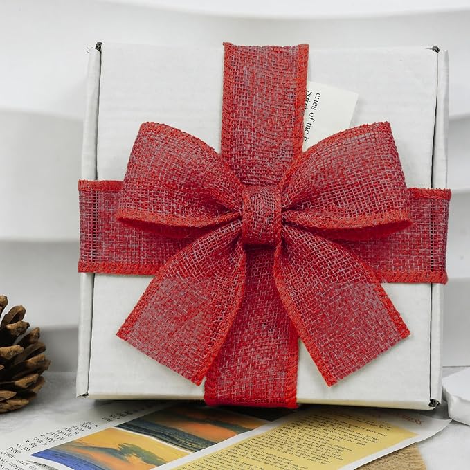 Red Burlap Ribbon 1-1/2 inch X 10 Yard Red Linen Wired Ribbon | Natural Linen - Image 5