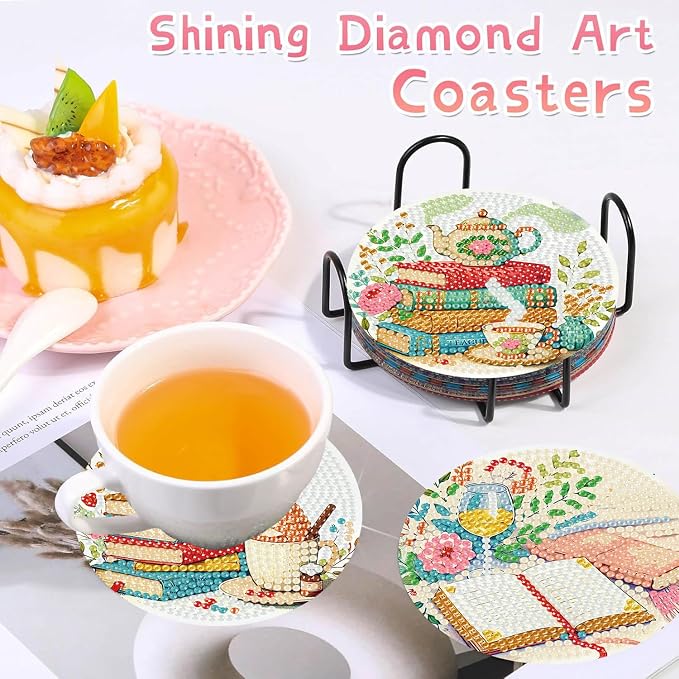 Benjenes 8 PCS Diamond Art Coasters Kits Book Diamond Painting Coaster | - Image 4